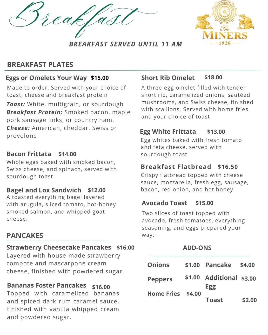 Company Store Café breakfast menu — sandwiches, baked goods, and more