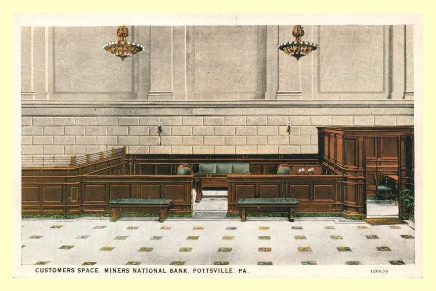 Historic postcard of the Miners National Bank banking hall (Customers Space), Pottsville, PA