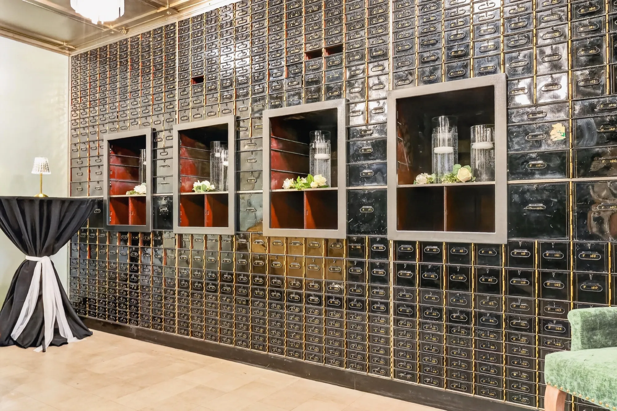 Floral arrangements tucked into the historic vault's safe-deposit boxes